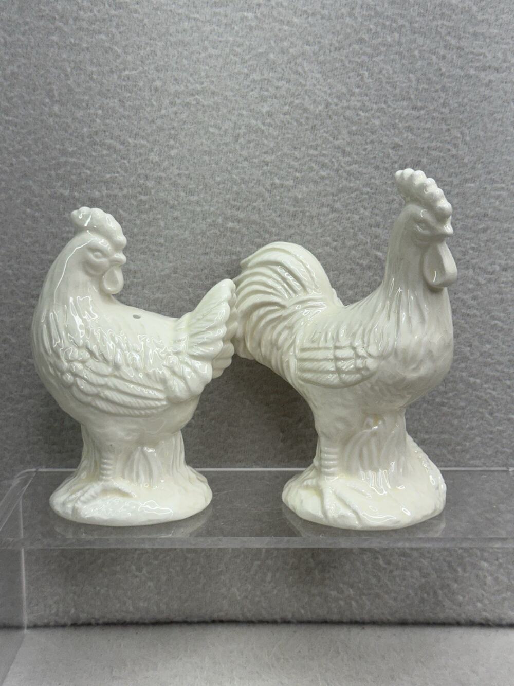 Rooster Hen Salt Pepper Shakers White Crackle Glaze Farmhouse French Country